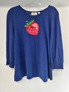 Quacker Factory Women’s L Blue 3/4 Sleeve Top Sequin Strawberry Embellished